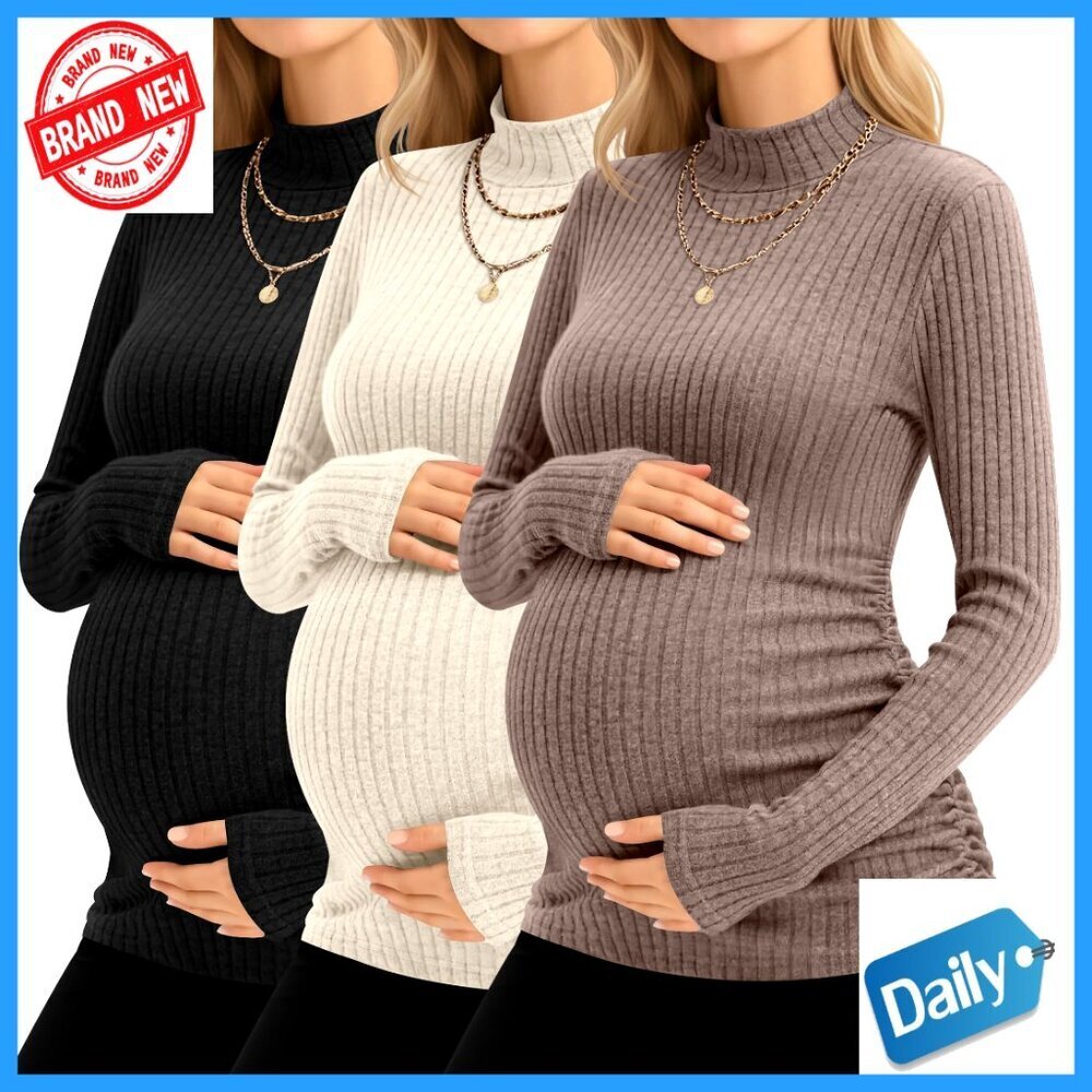 3 Pack Maternity Mock Neck Long Sleeve Ribbed Knit Tops